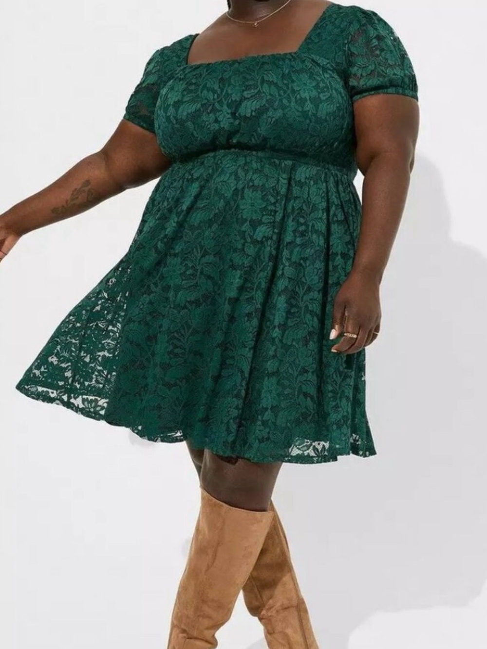 Torrid at the knee lace puff sleeve dress green